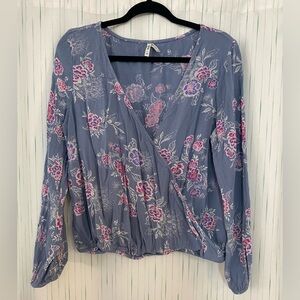 Mudd Floral Wrap Blouse - Blue and Pink